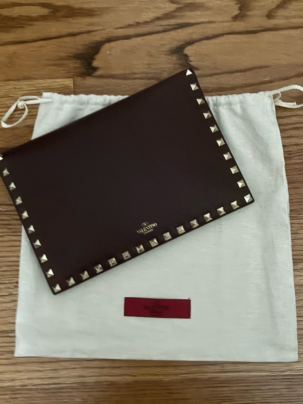 Valentino Garavani Rockstud Leather Clutch - Burgundy with Gold Studs